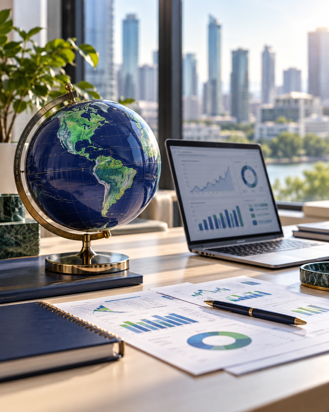 Globe, financial reports and laptop on a desk